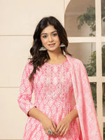Thumbnail for Yufta Pink Embroidered Pure Cotton Anarkali Kurta Trouser With Dupatta Set
