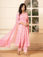 Thumbnail for Yufta Pink Embroidered Pure Cotton Anarkali Kurta Trouser With Dupatta Set