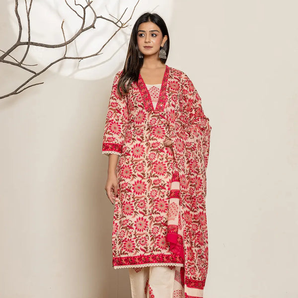 Yufta Pink Embroidered Thread Work Pure Cotton Kurta Trousers & Dupatta - Distacart