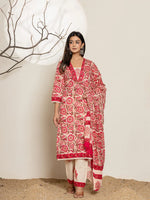 Thumbnail for Yufta Pink Embroidered Thread Work Pure Cotton Kurta Trousers & Dupatta