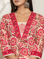 Thumbnail for Yufta Pink Embroidered Thread Work Pure Cotton Kurta Trousers & Dupatta