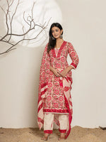 Thumbnail for Yufta Pink Embroidered Thread Work Pure Cotton Kurta Trousers & Dupatta