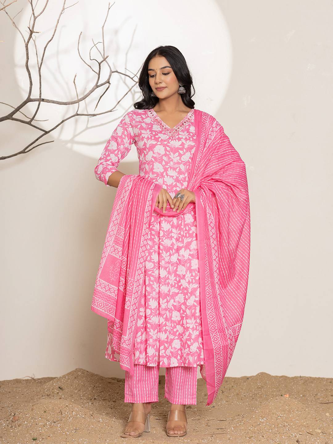 Yufta Pink Embroidery Cotton Anarkali Suit Set - Distacart