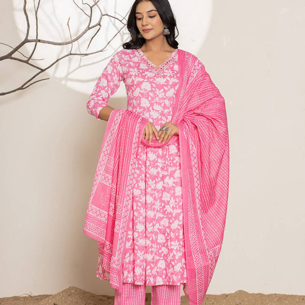 Yufta Pink Embroidery Cotton Anarkali Suit Set - Distacart