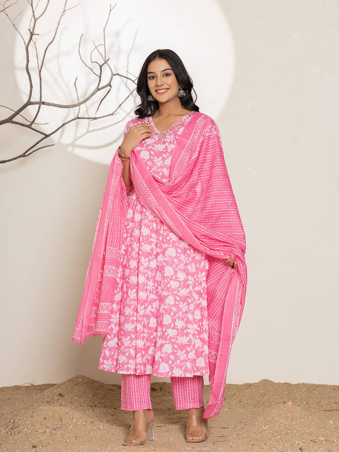 Yufta Pink Embroidery Cotton Anarkali Suit Set - Distacart