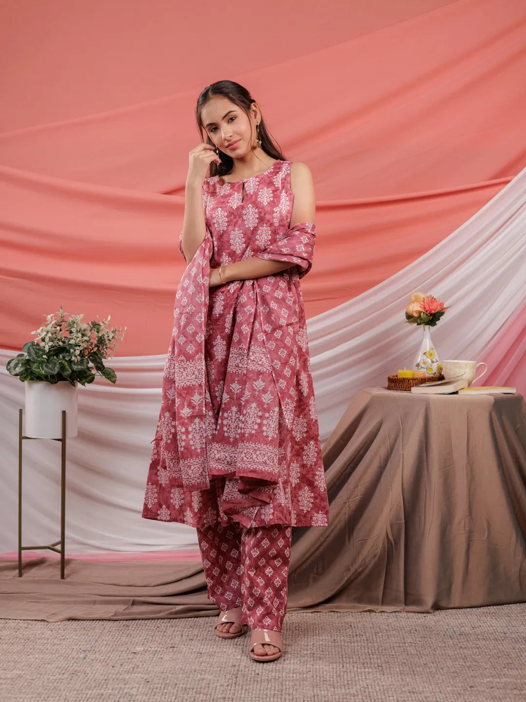 Yufta Pink Ethnic Motifs Cotton A-Line Kurta Trouser & Dupatta Set - Distacart