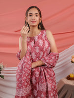 Thumbnail for Yufta Pink Ethnic Motifs Cotton A-Line Kurta Trouser & Dupatta Set