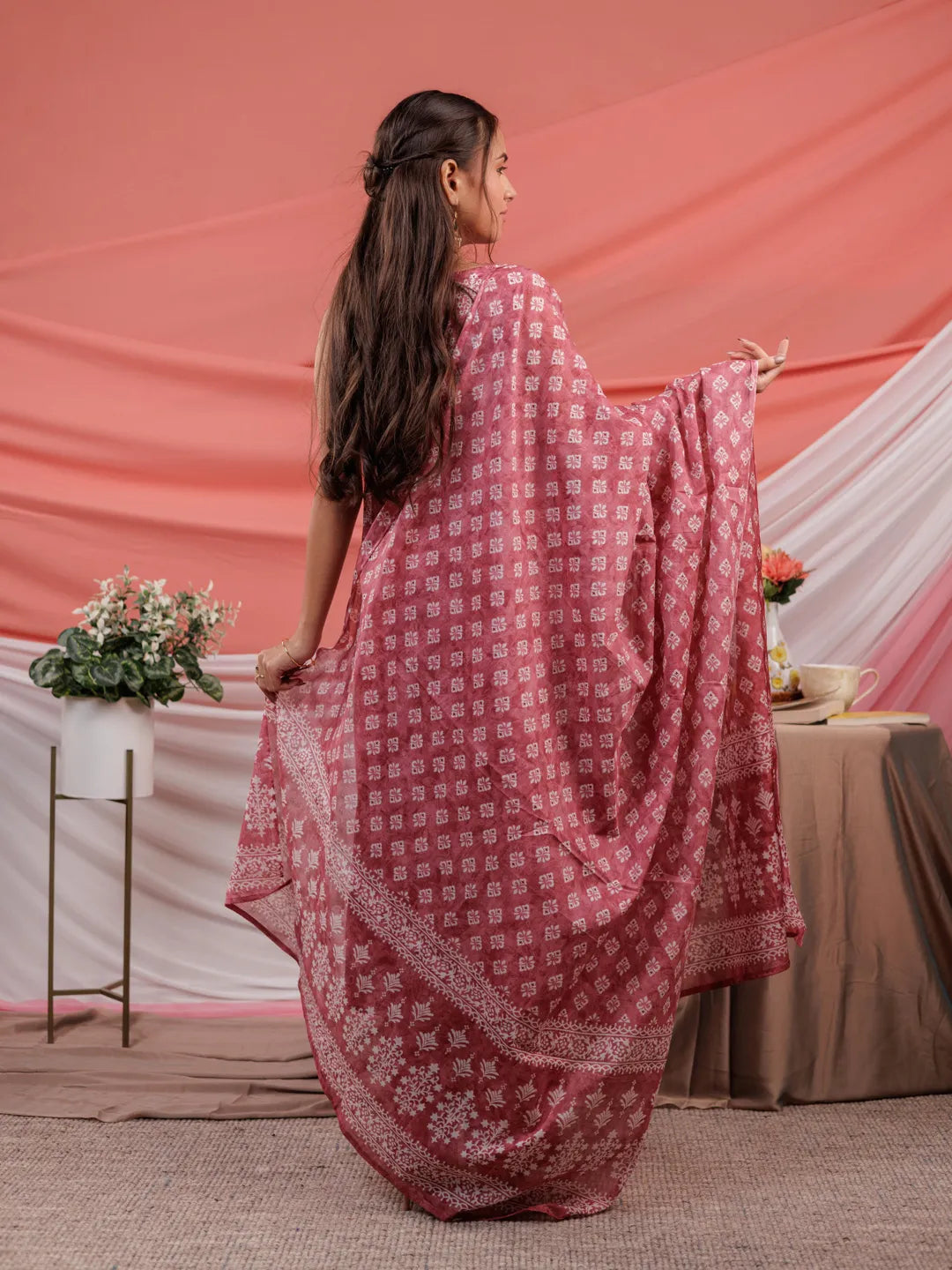 Yufta Pink Ethnic Motifs Cotton A-Line Kurta Trouser & Dupatta Set