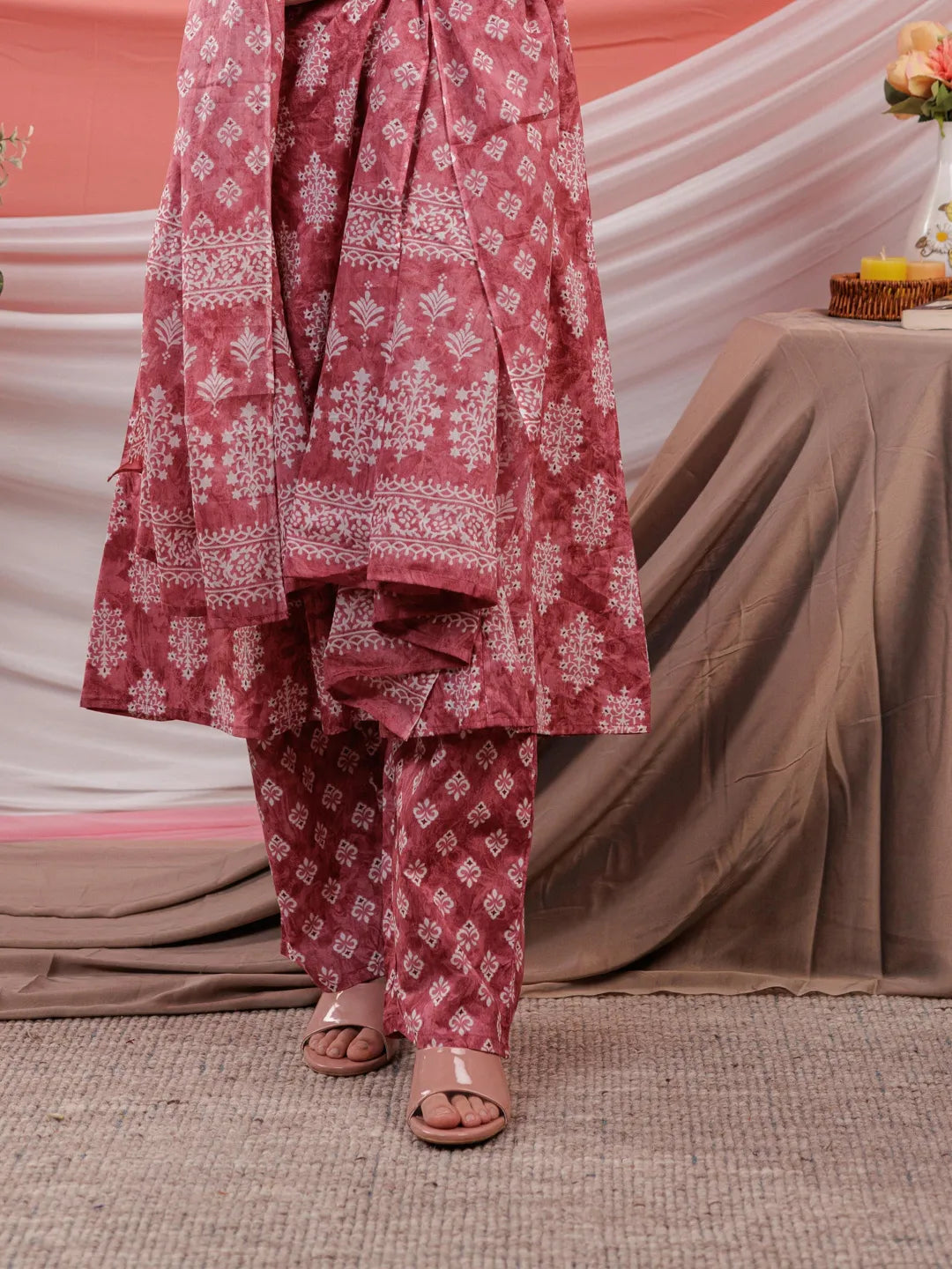 Yufta Pink Ethnic Motifs Cotton A-Line Kurta Trouser & Dupatta Set