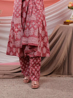 Thumbnail for Yufta Pink Ethnic Motifs Cotton A-Line Kurta Trouser & Dupatta Set