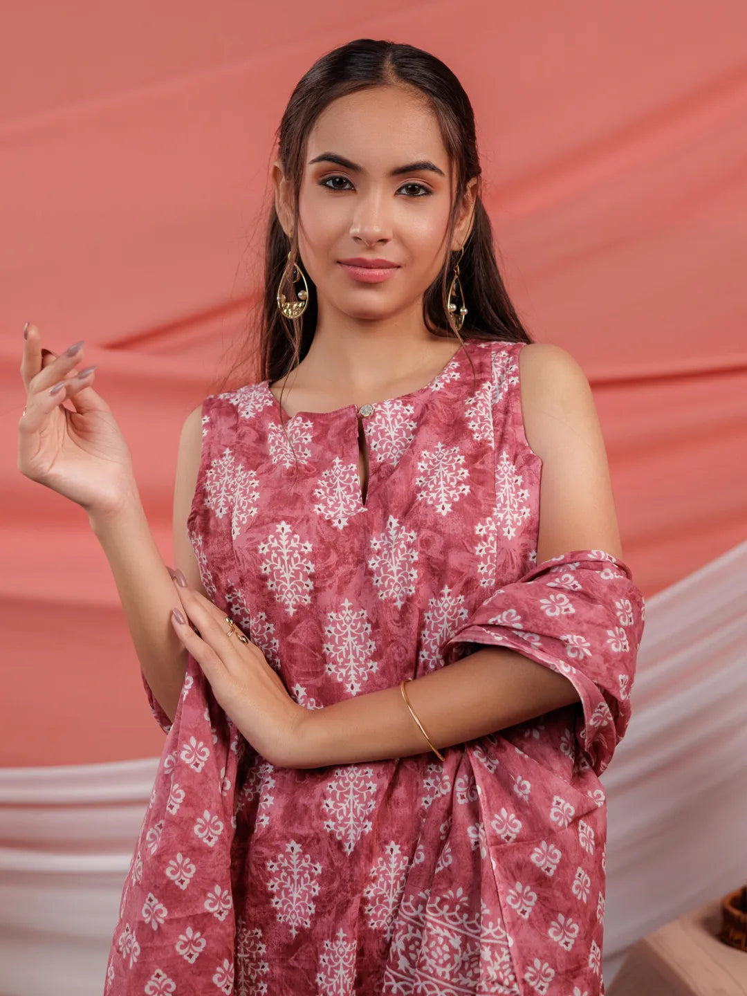 Yufta Pink Ethnic Motifs Cotton A-Line Kurta Trouser & Dupatta Set