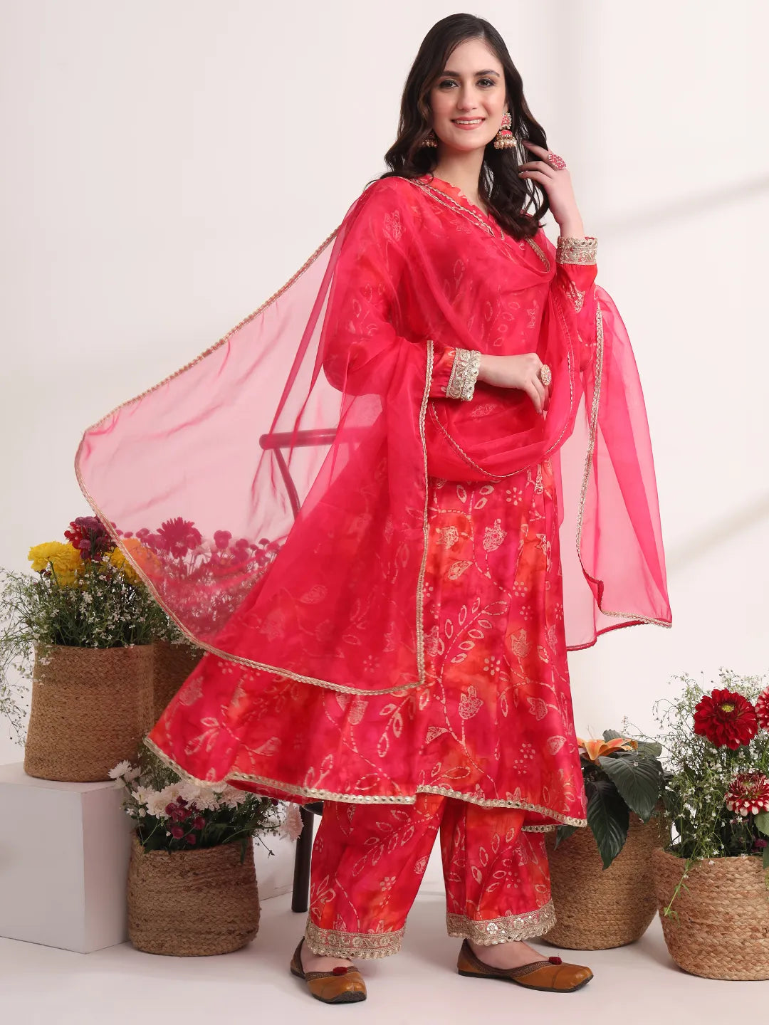 Yufta Pink Ethnic Motifs Lace Work Anarkali Kurta And Trouser With Dupatta Set - Distacart