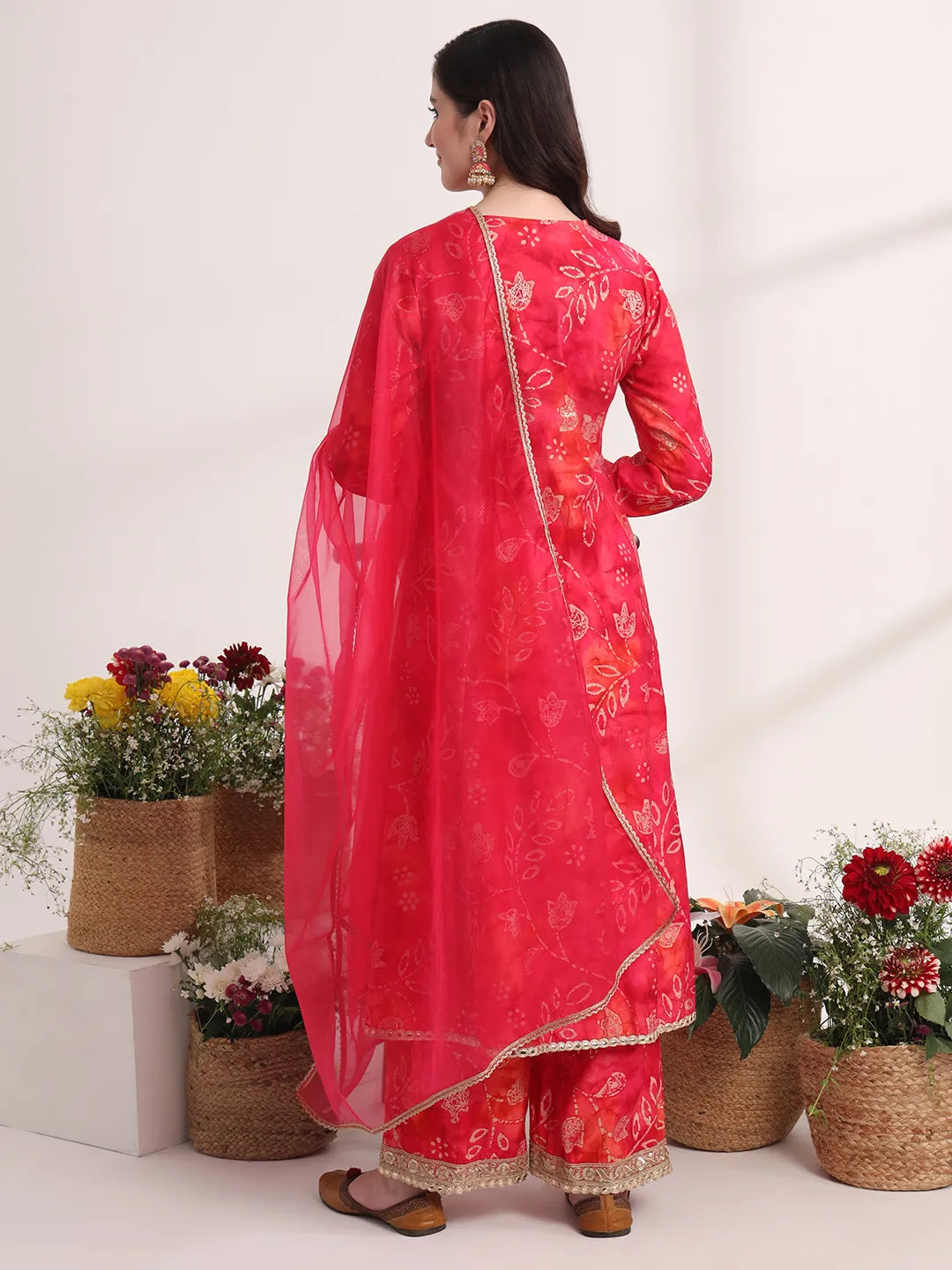 Yufta Pink Ethnic Motifs Lace Work Anarkali Kurta And Trouser With Dupatta Set