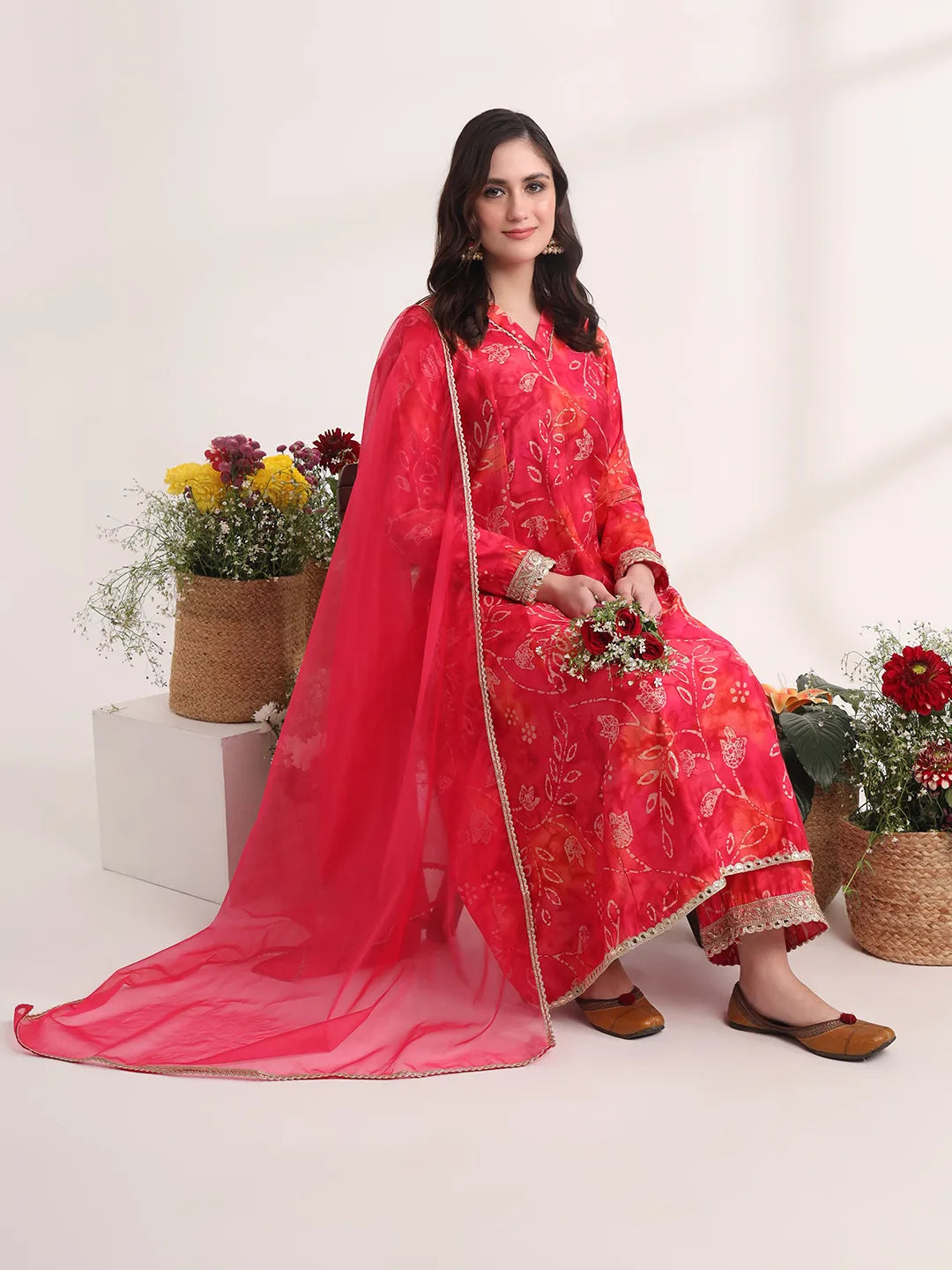Yufta Pink Ethnic Motifs Lace Work Anarkali Kurta And Trouser With Dupatta Set