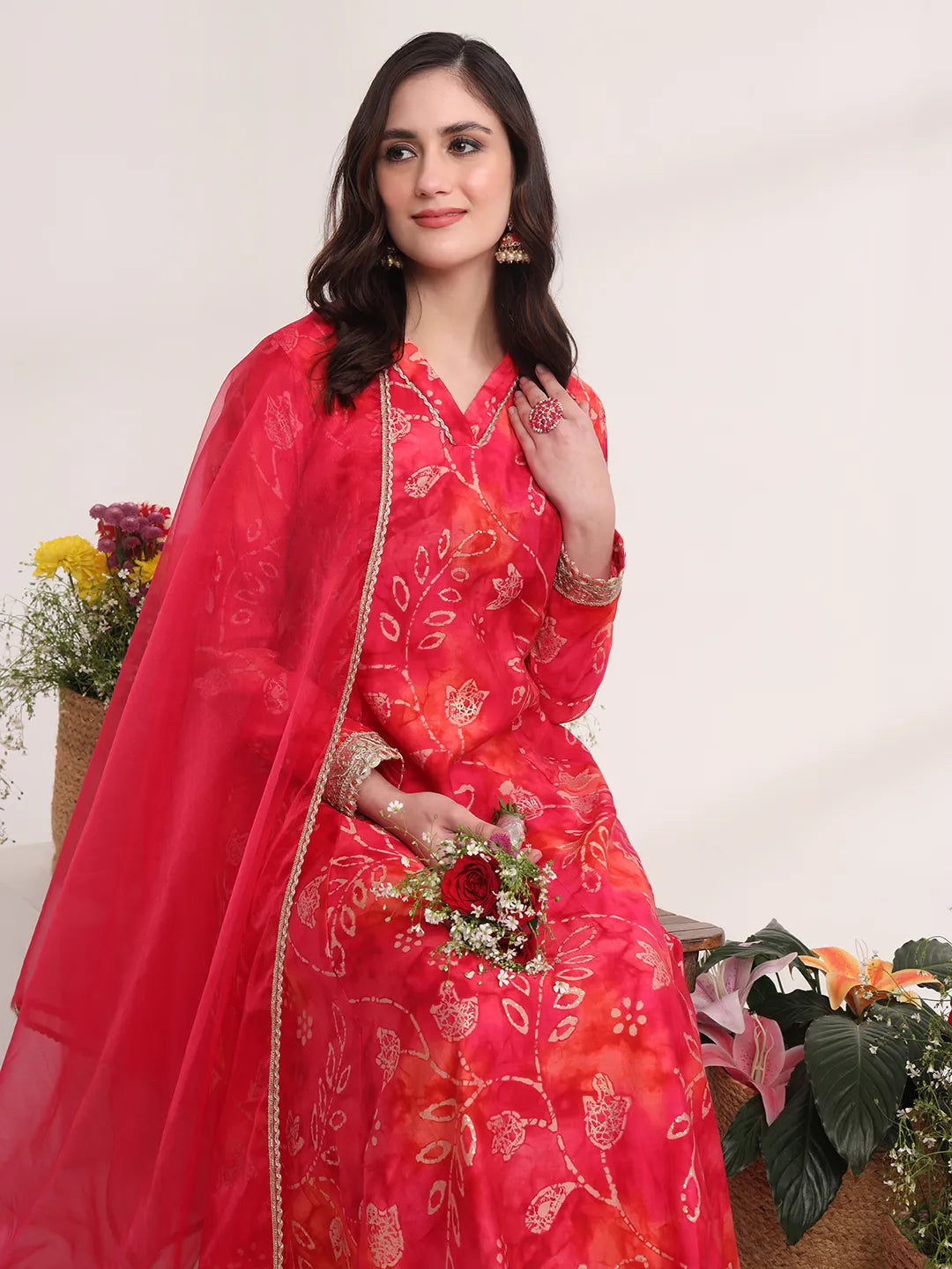 Yufta Pink Ethnic Motifs Lace Work Anarkali Kurta And Trouser With Dupatta Set