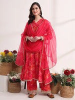 Thumbnail for Yufta Pink Ethnic Motifs Lace Work Anarkali Kurta And Trouser With Dupatta Set