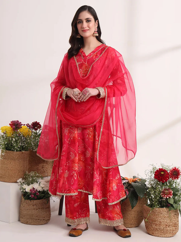 Yufta Pink Ethnic Motifs Lace Work Anarkali Kurta And Trouser With Dupatta Set