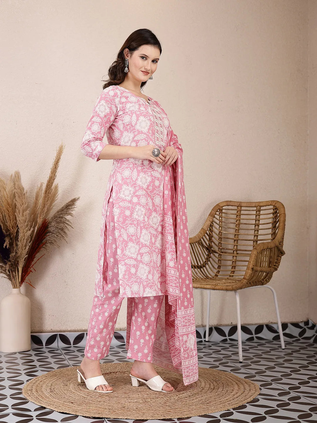 Yufta Pink Ethnic Motifs Print Straight Kurta Trouser Dupatta Set - Distacart