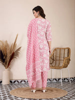Thumbnail for Yufta Pink Ethnic Motifs Print Straight Kurta Trouser Dupatta Set