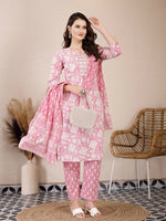 Thumbnail for Yufta Pink Ethnic Motifs Print Straight Kurta Trouser Dupatta Set