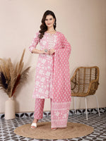Thumbnail for Yufta Pink Ethnic Motifs Print Straight Kurta Trouser Dupatta Set