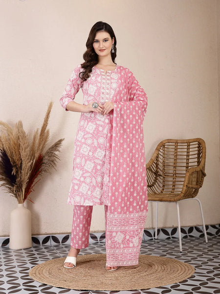 Yufta Pink Ethnic Motifs Print Straight Kurta Trouser Dupatta Set