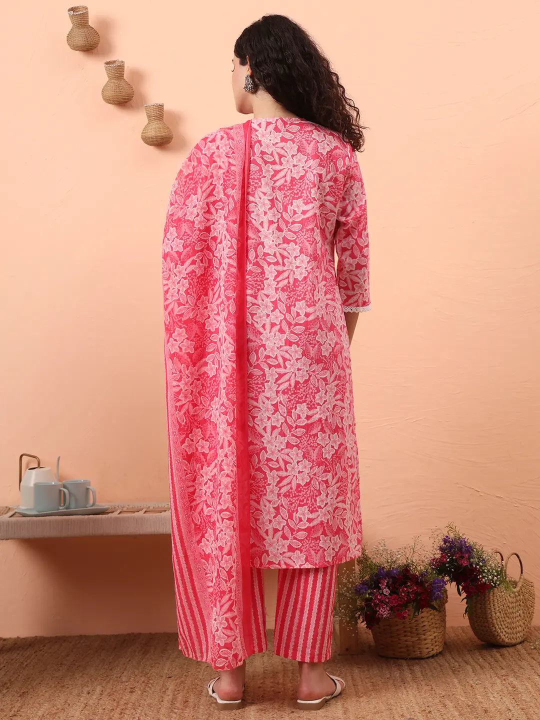 Yufta Pink Ethnic Motifs Pure Cotton Straight Kurta Pant Set