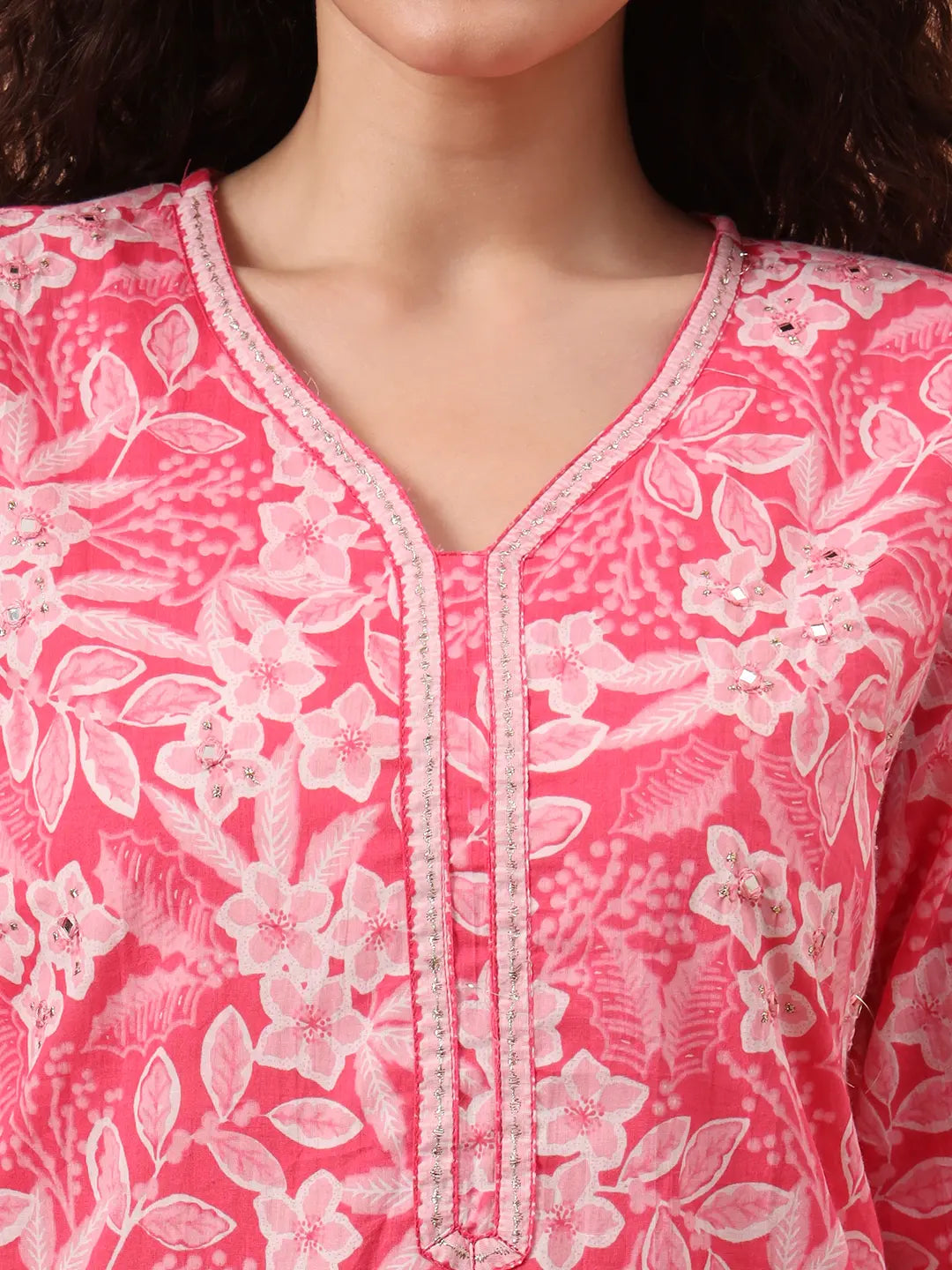 Yufta Pink Ethnic Motifs Pure Cotton Straight Kurta Pant Set
