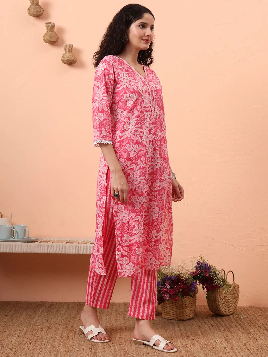 Yufta Pink Ethnic Motifs Pure Cotton Straight Kurta Pant Set