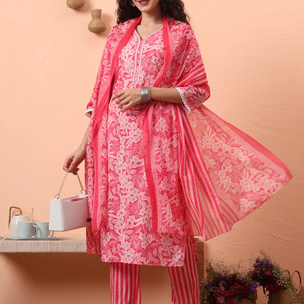 Yufta Pink Ethnic Motifs Pure Cotton Straight Kurta Pant Set - Distacart