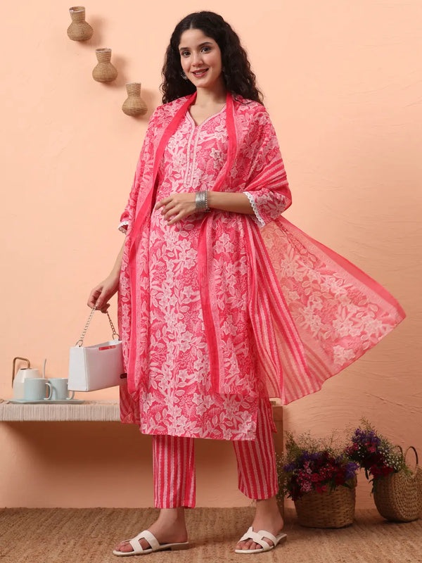 Yufta Pink Ethnic Motifs Pure Cotton Straight Kurta Pant Set