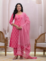Thumbnail for Yufta Pink Floral Cotton A-Line Suit Set