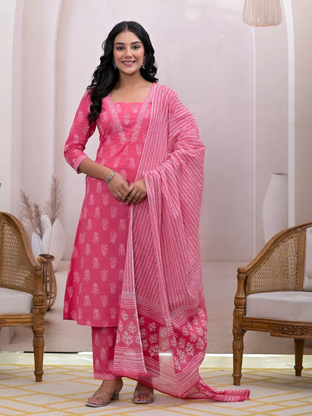 Yufta Pink Floral Cotton A-Line Suit Set