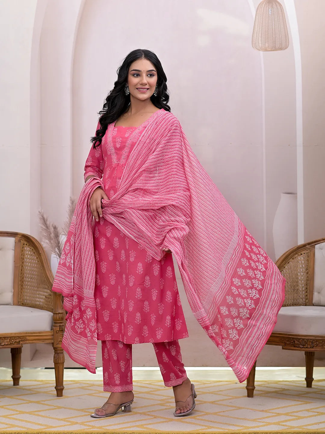 Yufta Pink Floral Cotton A-Line Suit Set - Distacart