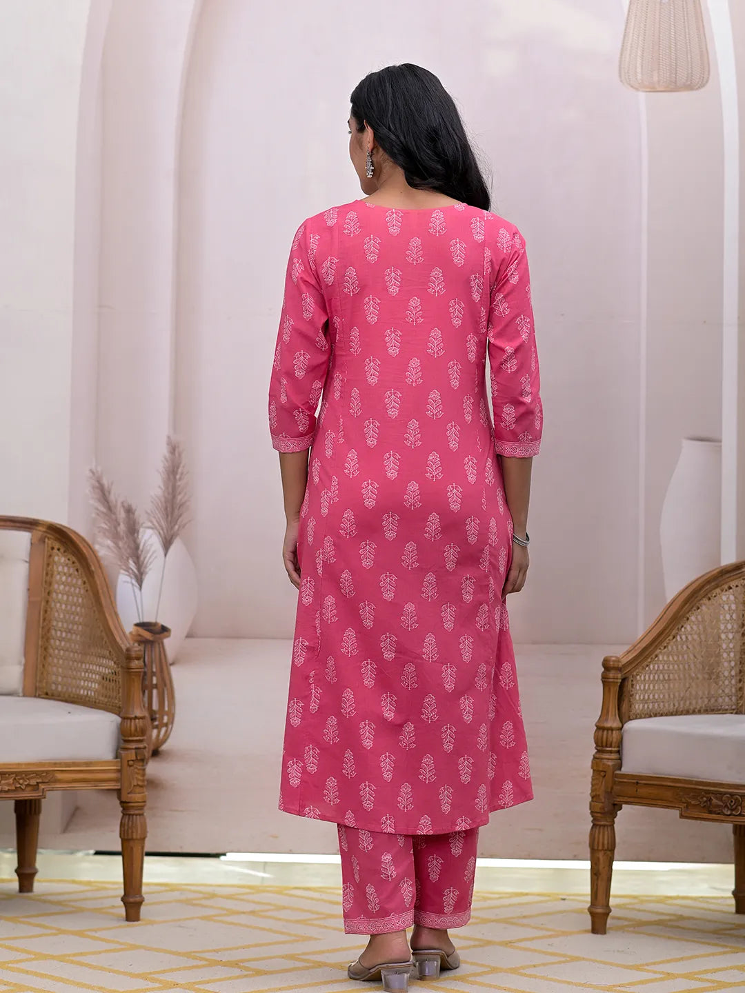 Yufta Pink Floral Cotton A-Line Suit Set