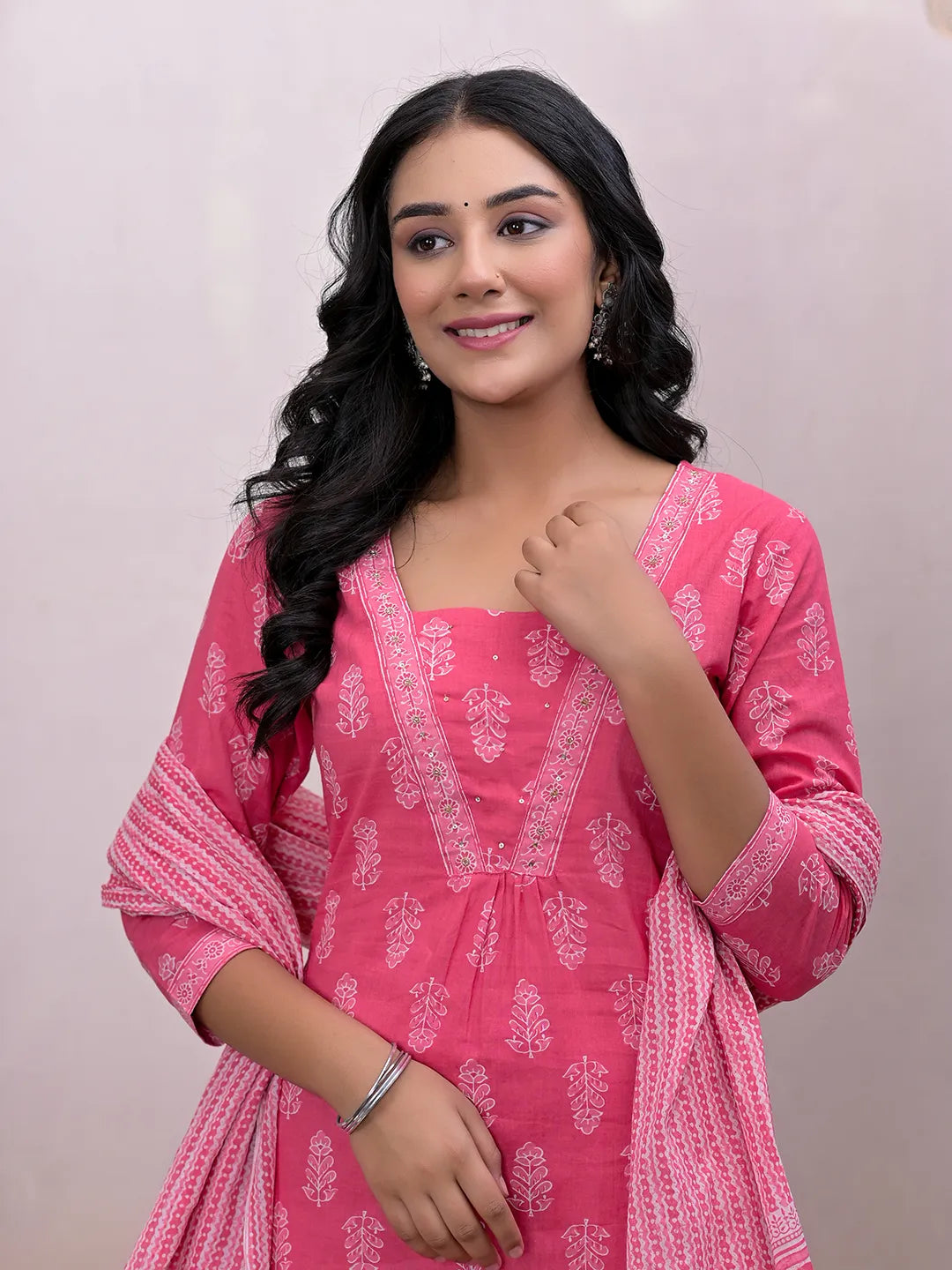 Yufta Pink Floral Cotton A-Line Suit Set