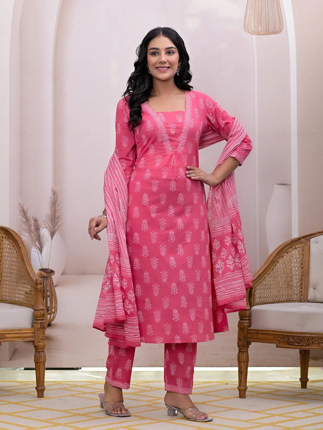Yufta Pink Floral Cotton A-Line Suit Set