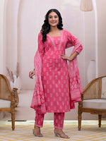 Thumbnail for Yufta Pink Floral Cotton A-Line Suit Set