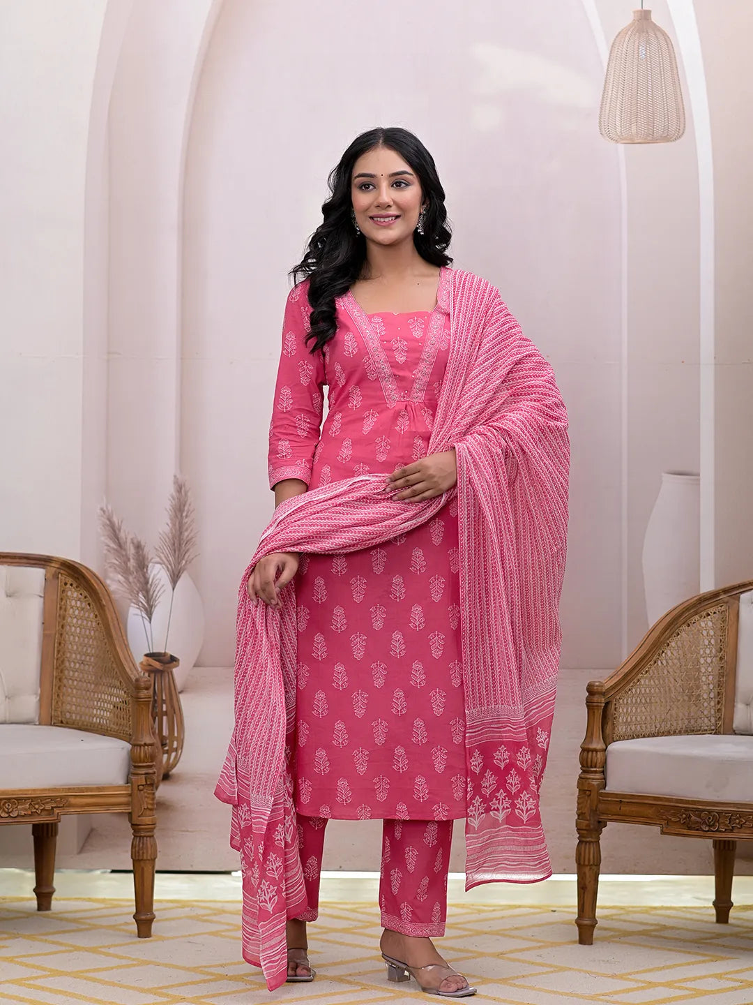 Yufta Pink Floral Cotton A-Line Suit Set