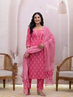 Thumbnail for Yufta Pink Floral Cotton A-Line Suit Set