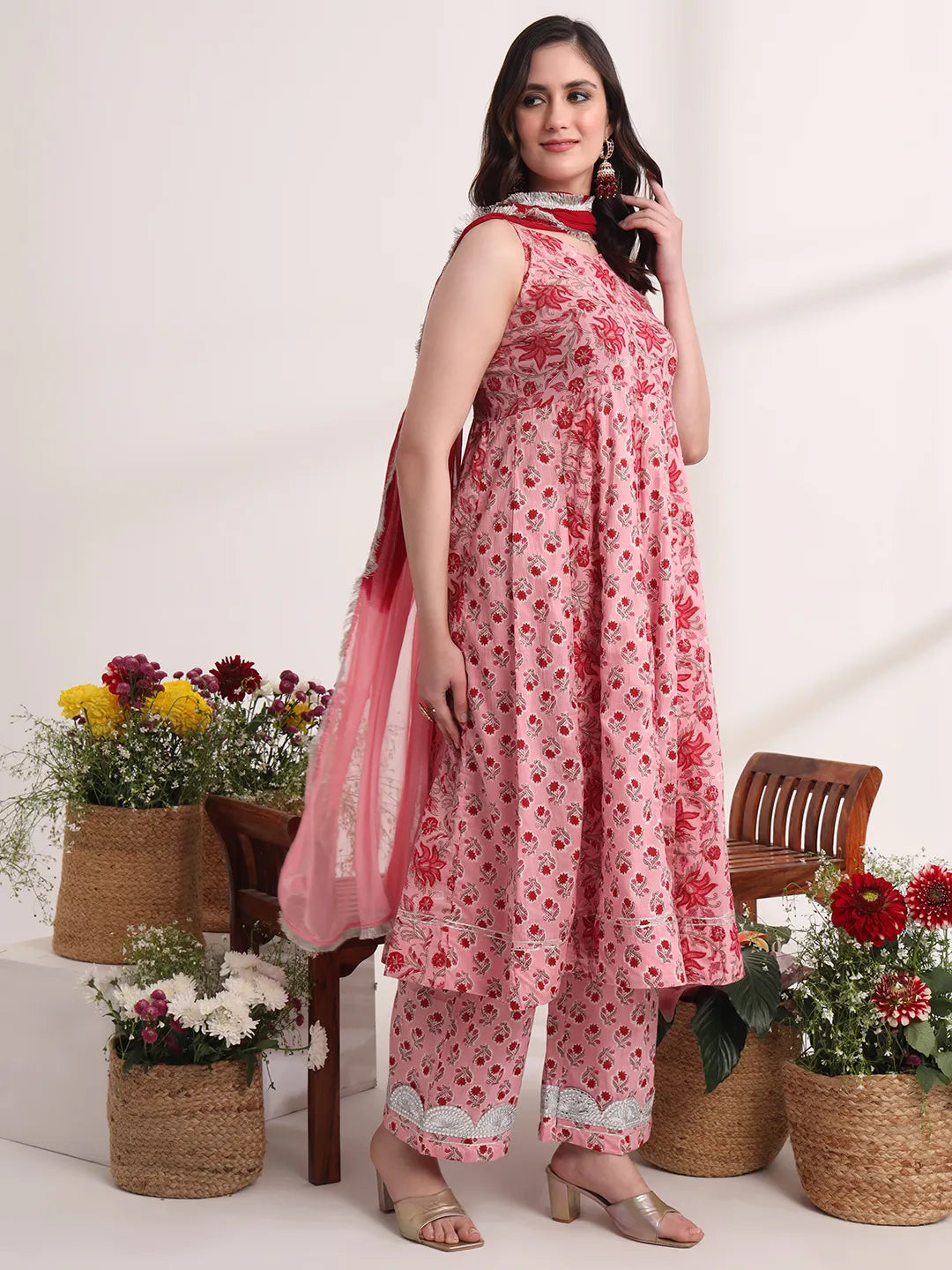 Yufta Pink Floral Print Anarkali Kurta And Trouser With Dupatta Set - Distacart