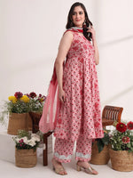 Thumbnail for Yufta Pink Floral Print Anarkali Kurta And Trouser With Dupatta Set