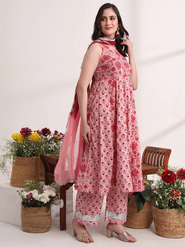 Yufta Pink Floral Print Anarkali Kurta And Trouser With Dupatta Set