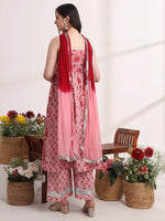 Thumbnail for Yufta Pink Floral Print Anarkali Kurta And Trouser With Dupatta Set