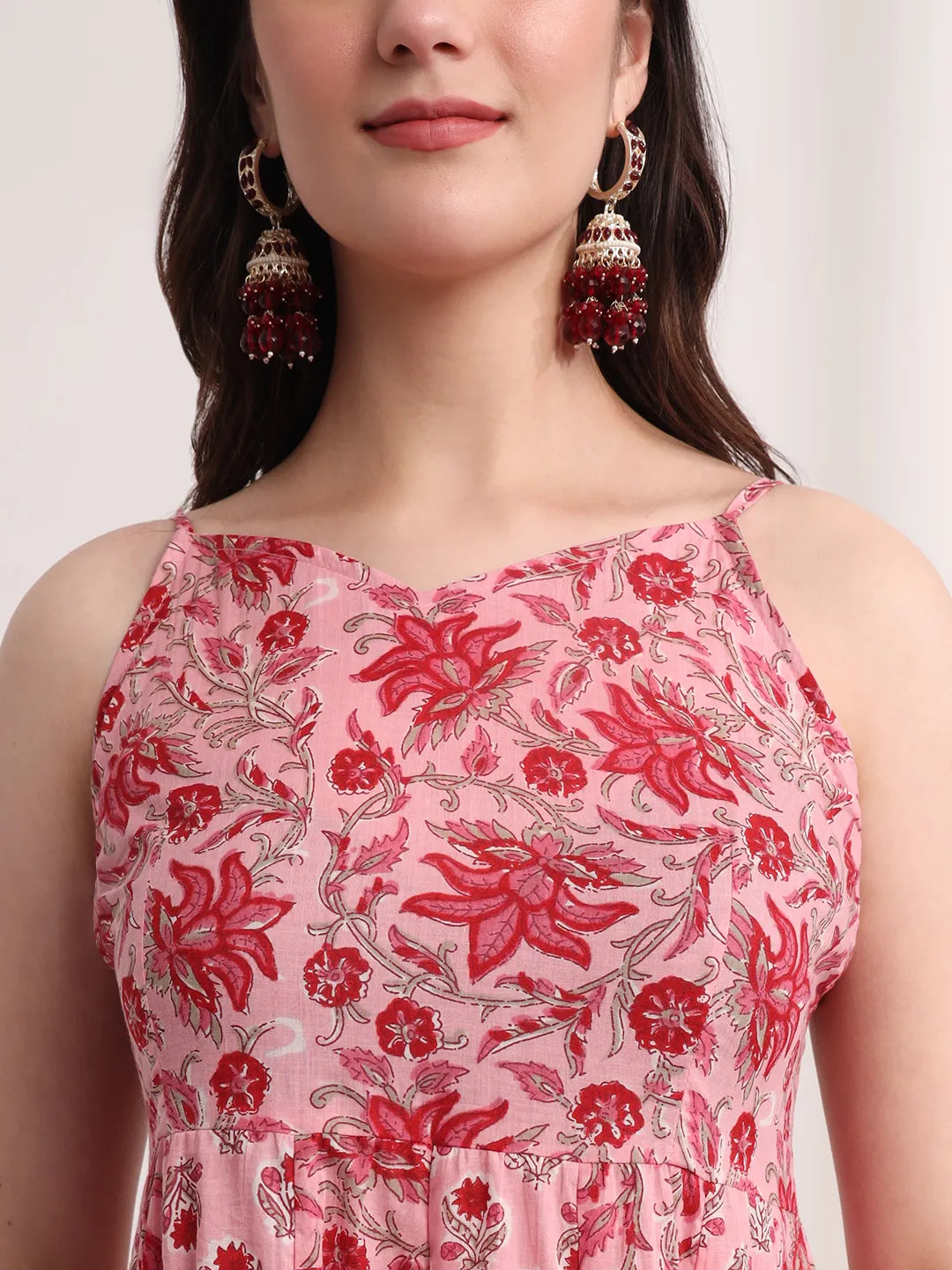 Yufta Pink Floral Print Anarkali Kurta And Trouser With Dupatta Set