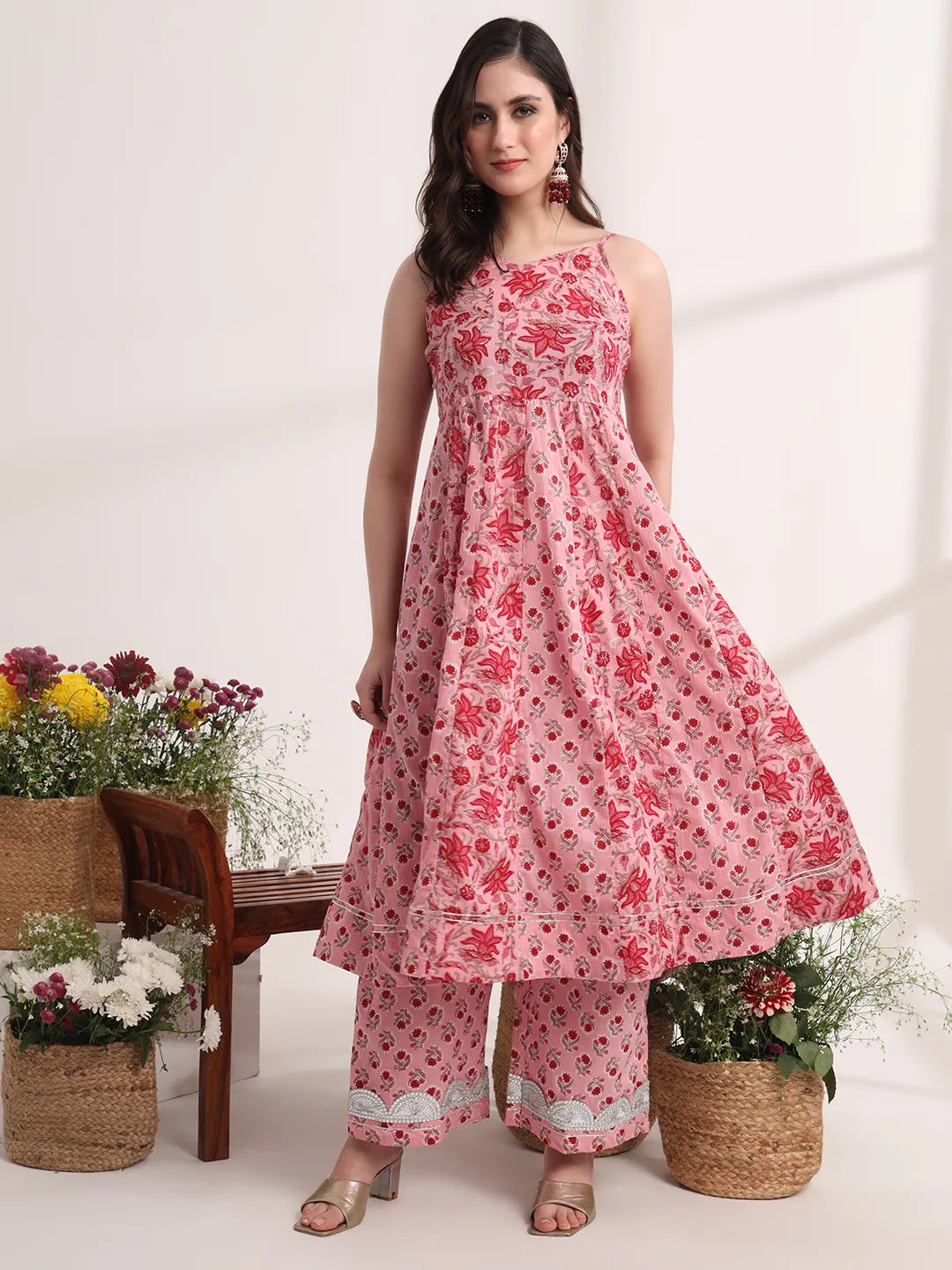 Yufta Pink Floral Print Anarkali Kurta And Trouser With Dupatta Set
