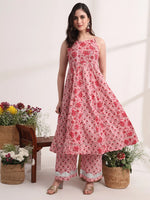 Thumbnail for Yufta Pink Floral Print Anarkali Kurta And Trouser With Dupatta Set