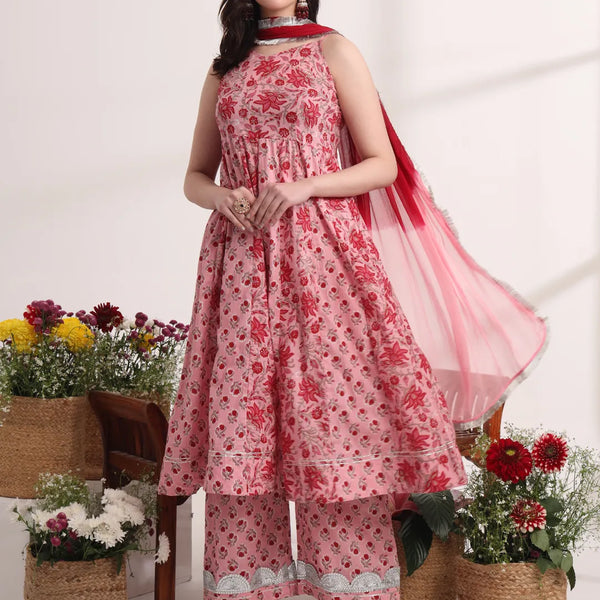 Yufta Pink Floral Print Anarkali Kurta And Trouser With Dupatta Set - Distacart