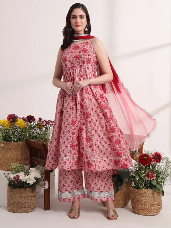 Yufta Pink Floral Print Anarkali Kurta And Trouser With Dupatta Set