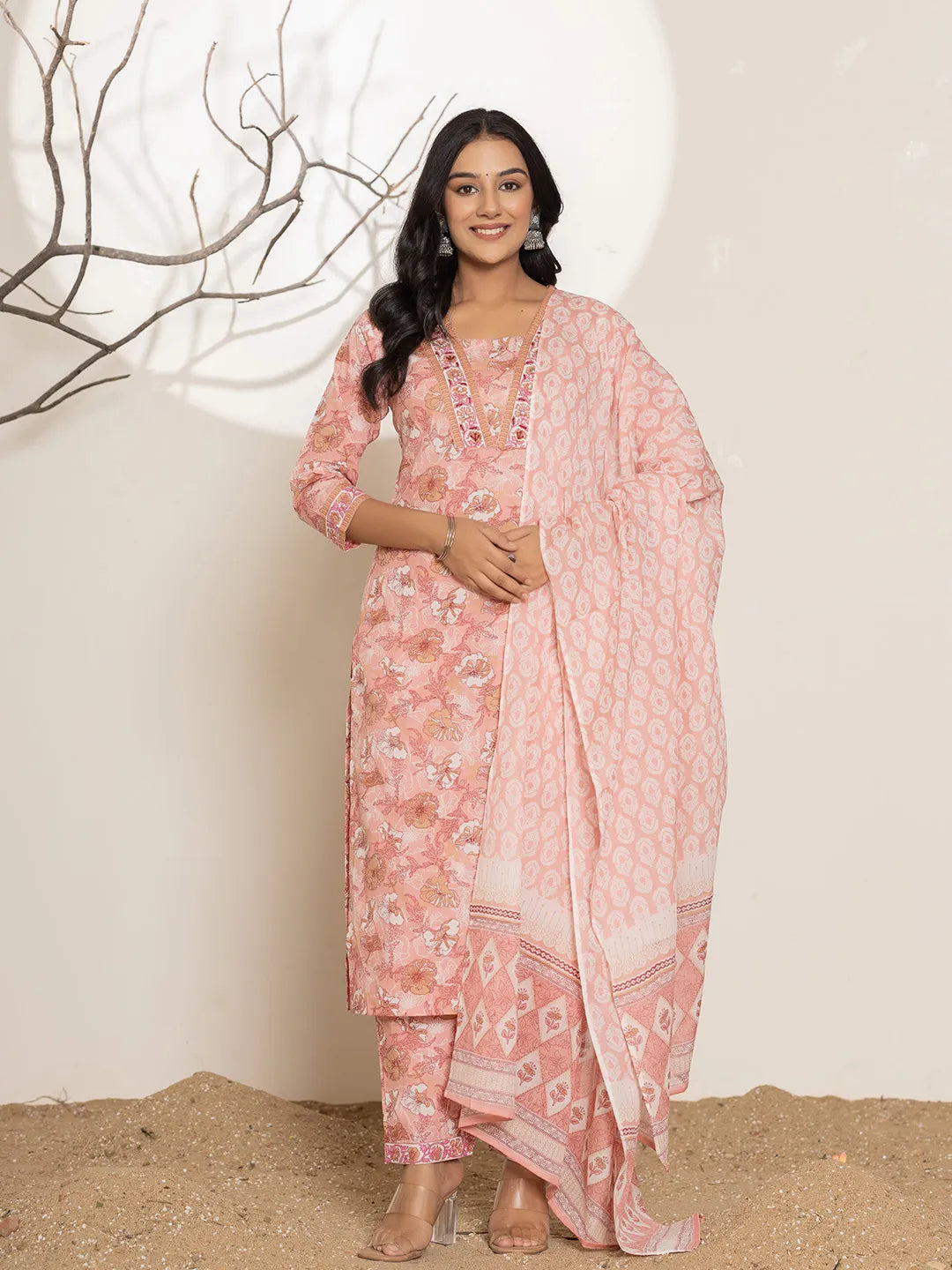 Yufta Pink Floral Print Cotton Straight Kurta Dupatta Set - Distacart